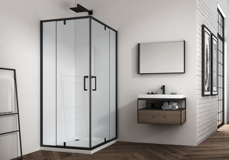 EX-309-3 6mm hjørne 2 fast glas +2 dørs glashængsel plus brusekabine med mat sort finish